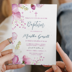 Pink Flowers Girl Baptism Christening Invitation