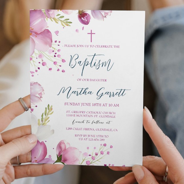 Pink Flowers Girl Baptism Christening  Invitation (Creator Uploaded)