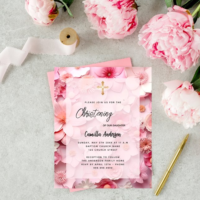 Pink flowers girl budget Christening invitattion (Creator Uploaded)