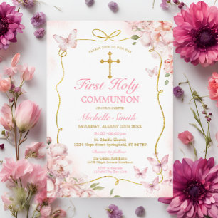 Pink Flowers Girl Butterfly First Holy Communion Invitation