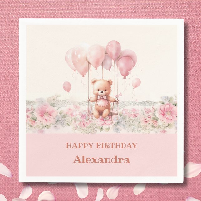 Pink Flowers Girl Cute Teddy Birthday Party Napkin (Creator Uploaded)