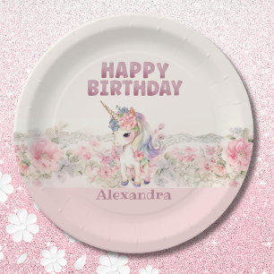 Pink Flowers Girl Cute Unicorn Birthday Paper Plate