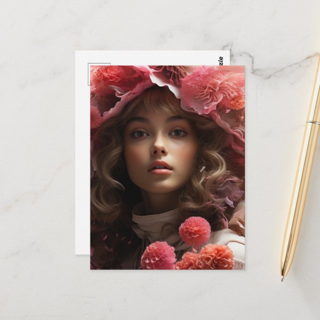 Pink Flowers Girl Postcard (Front/Back In Situ)
