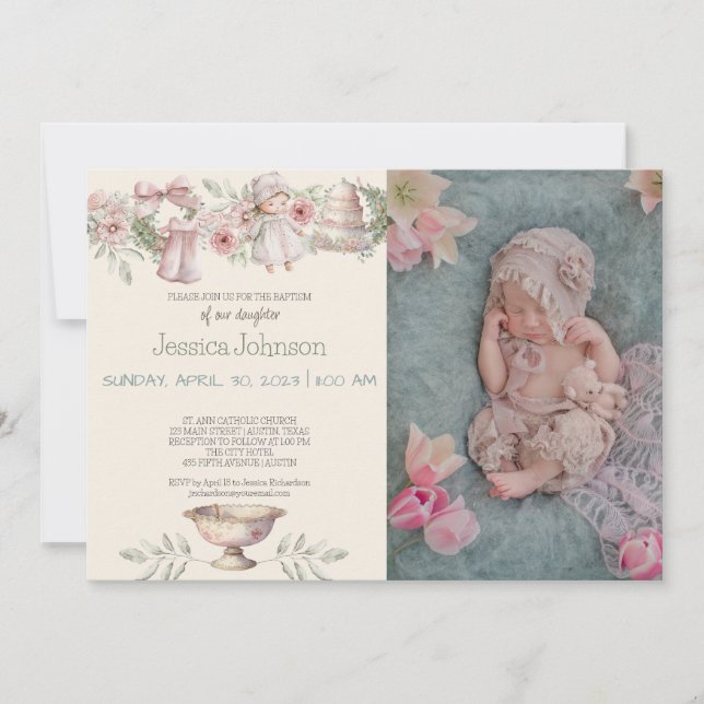Pink Flowers Girls Baptism Invitation (Front)