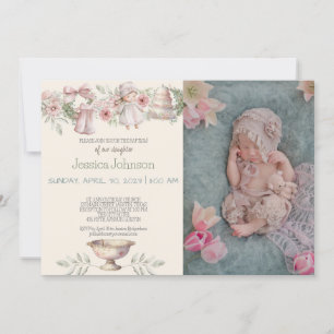 Pink Flowers Girls Baptism Invitation