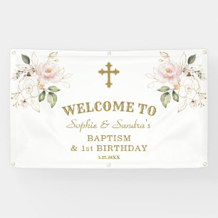 Pink Flowers Girls Twins 1st Birthday Welcome Sign