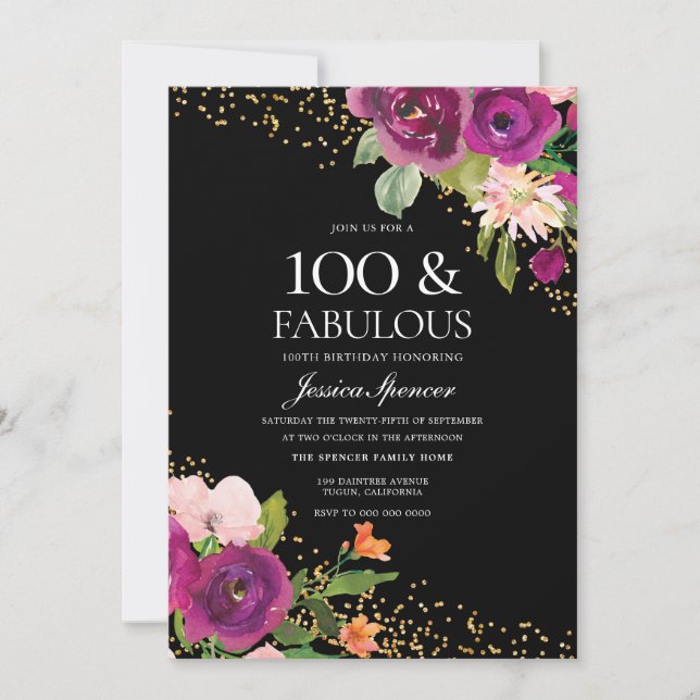 Pink Flowers Glitter Black 100th Birthday Party Invitation (Front)