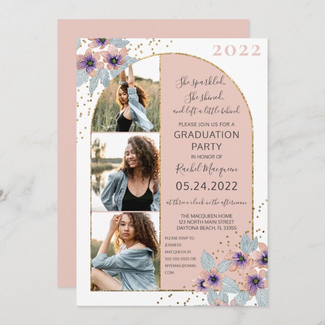 Pink Flowers Glitter Confetti Photo Graduation Invitation (Front/Back)