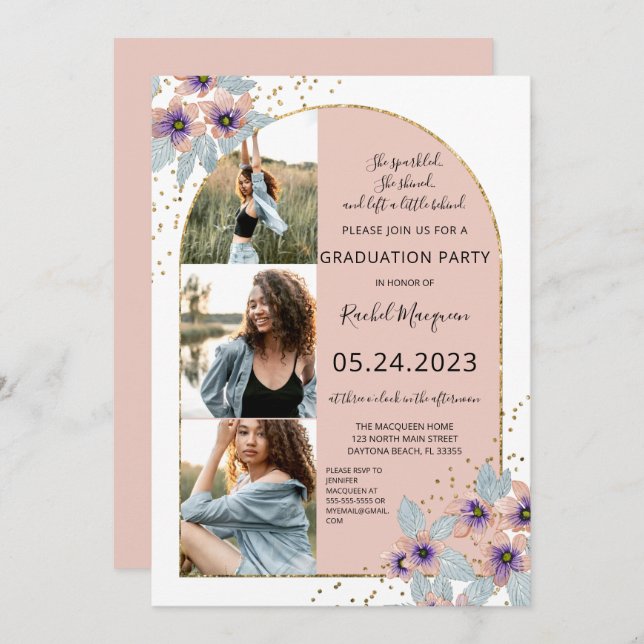 Pink Flowers Glitter Confetti Photo Graduation Invitation (Front/Back)