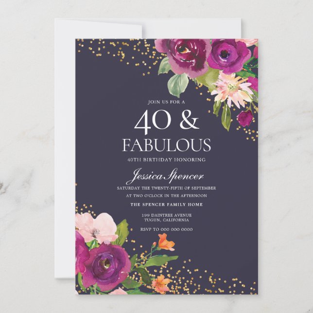 Pink Flowers Glitter Purple 40th Birthday Party Invitation (Front)