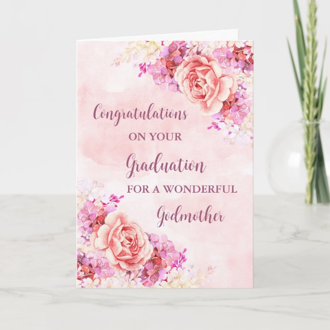 Pink Flowers Godmother Congratulations Graduation Card (Front)