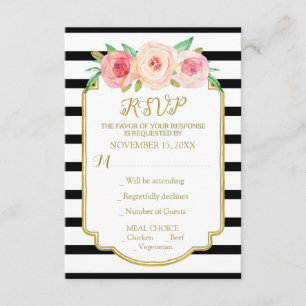 Pink Flowers Gold Black White Stripes Wedding RSVP Card