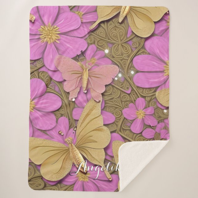 Pink Flowers, Gold Butterflies, and Your Name  Sherpa Blanket (Front)