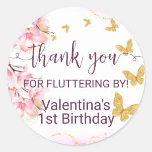 Pink Flowers Gold Butterflies Script Thank You Classic Round Sticker
