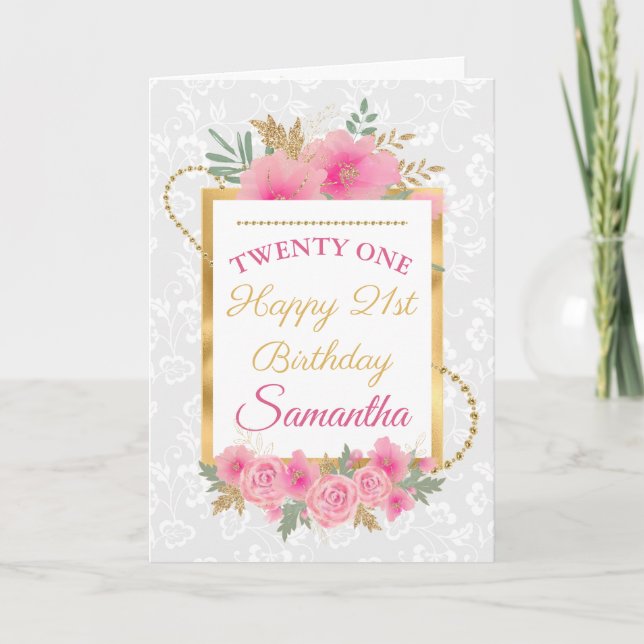Pink Flowers Gold Foil Happy Birthday Card (Front)