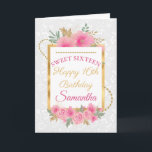 Pink Flowers Gold Foil Sweet Sixteen Card<br><div class="desc">Watercolor Pink Flowers Gold Glitter and Foil design with floral white pattern background
Graphics by DigitalCurio on Etsy</div>