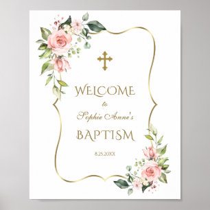 Pink Flowers Gold Frame Baptism Welcome Sign