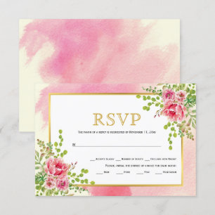 Pink flowers gold frame floral boho wedding RSVP card