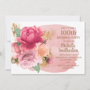 Pink Flowers Gold Glitter 100th Birthday Party Invitation