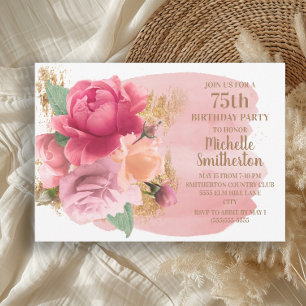 Pink Flowers Gold Glitter 75th Birthday Party Invitation