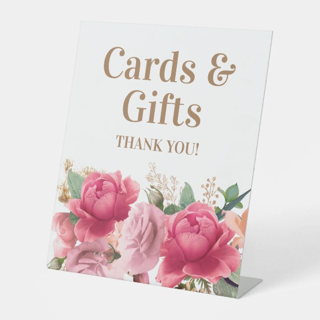 Pink Flowers Gold Glitter Cards Gifts Thank You Pedestal Sign (Front)