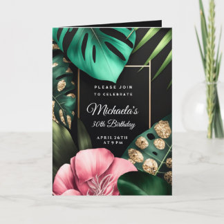 Pink flowers gold glitter leaves birthday party invitation