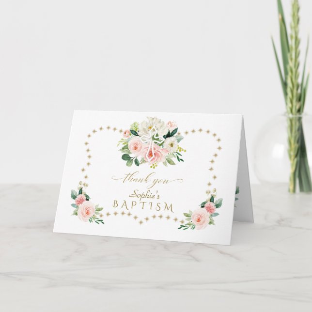 Pink Flowers Gold Glitter Sparkles Cross Baptism Thank You Card (Front)