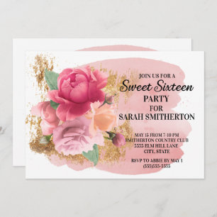 Pink Flowers Gold Glitter Sweet 16 Birthday Party Invitation