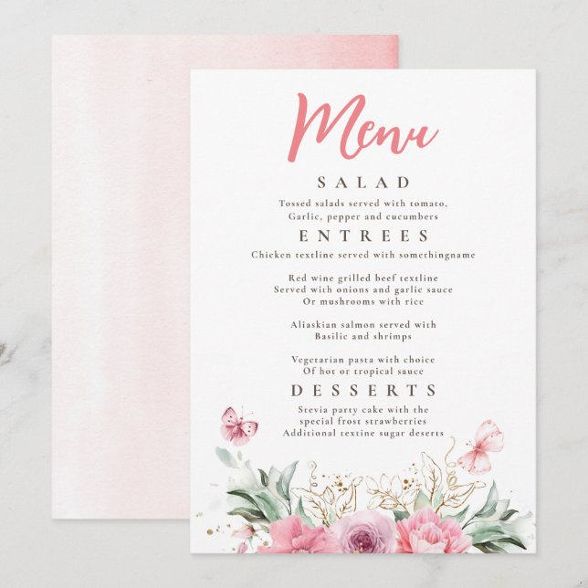 Pink Flowers Gold Greenery Butterflies Party Menu Invitation (Front/Back)