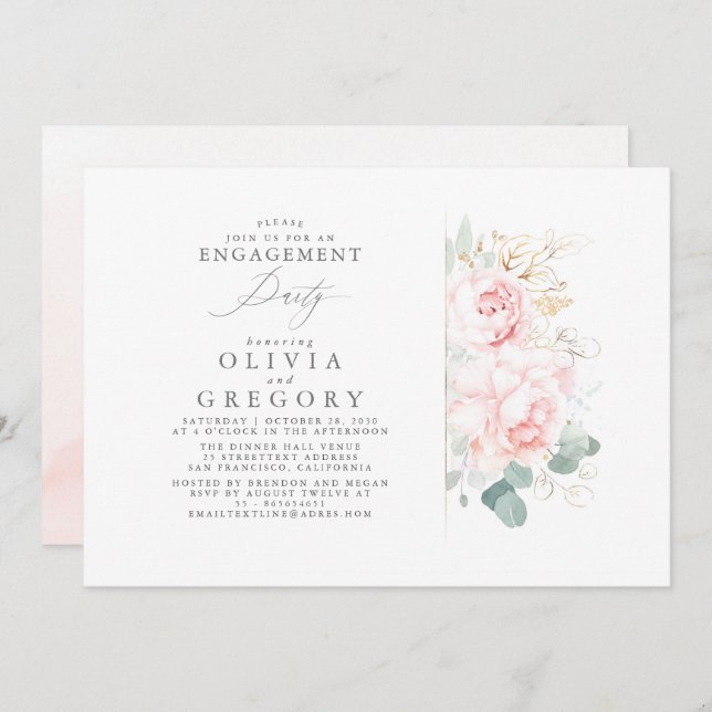 Pink Flowers Gold Leaves Elegant Engagement Party Invitation (Front/Back)