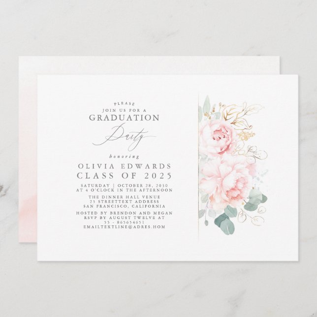Pink Flowers Gold Leaves Elegant Graduation Party Invitation (Front/Back)