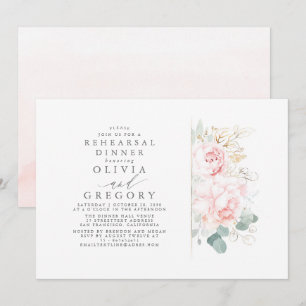Pink Flowers Gold Leaves Elegant Rehearsal Dinner Invitation