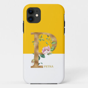 Pink flowers gold monogram letter P iPhone 11 Case
