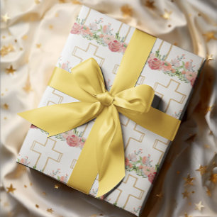 Pink Flowers Gold Religious Cross Easter Wrapping Paper