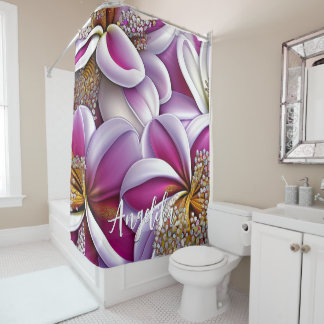 Pink Flowers Gold Rhinestones with Custom Name Shower Curtain