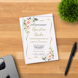 Pink Flowers Gold Spanish Nuestra Boda Calligraphy Acrylic Invitations