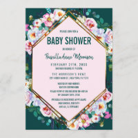 Pink Flowers Gold Trim Emerald Jade Baby Shower