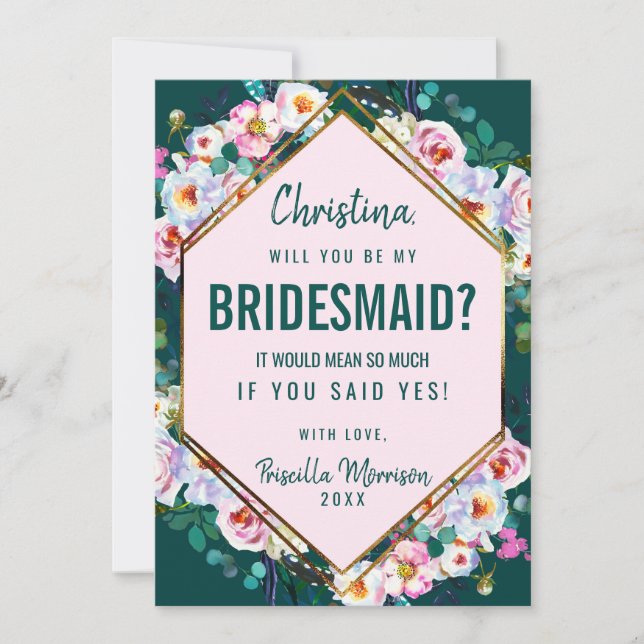 Pink Flowers Gold Trim Emerald Jade Bridesmaid Invitation (Front)