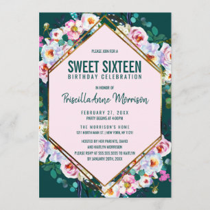 Pink Flowers Gold Trim Emerald Jade Sweet 16 Invitation