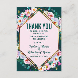 Pink Flowers Gold Trim Emerald Jade Thank You Card
