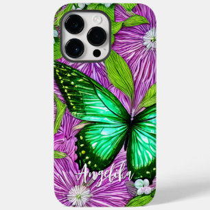 Pink Flowers Green Butterfly   Personalised Name Case-Mate iPhone 14 Pro Max Case