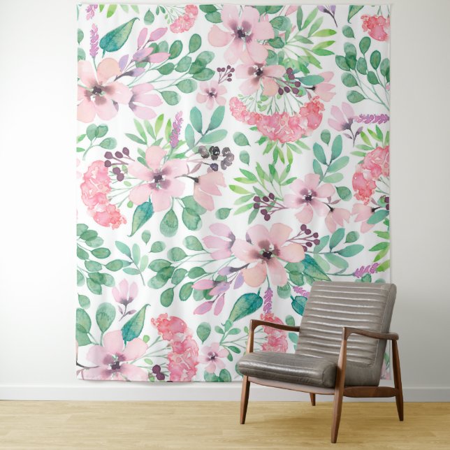 Pink Flowers green Leafs Pattern Girly Design Tapestry (In Situ)