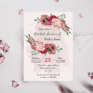 pink flowers green leaves botanical bridal shower invitation