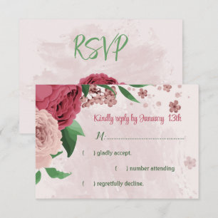 pink flowers green leaves botanical wedding RSVP card