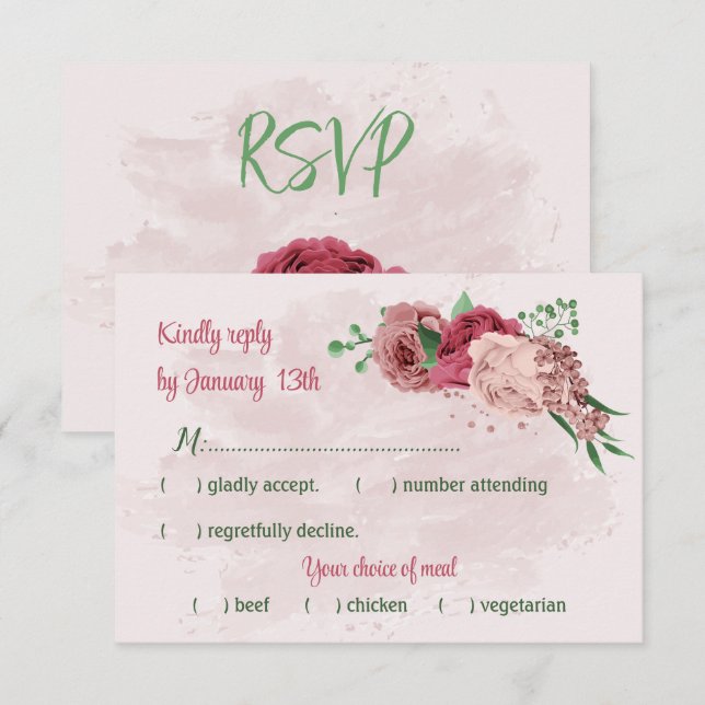 pink flowers green leaves botanical wedding RSVP card (Front/Back)