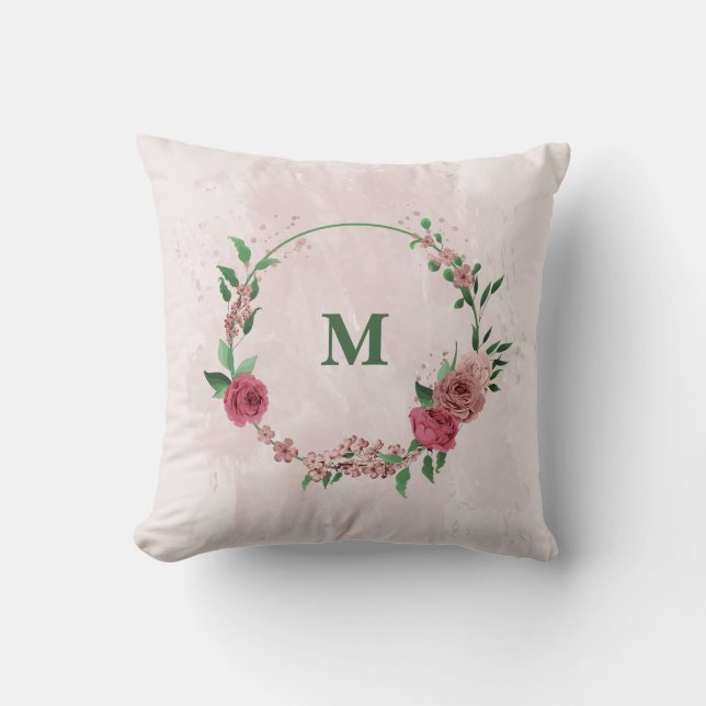 pink flowers green leaves  cushion (Front)