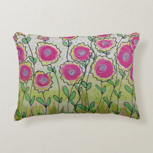 Pink Flowers Green Leaves  Decorative Cushion