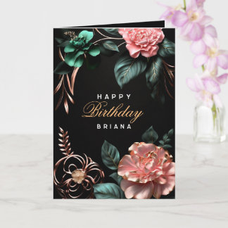Pink flowers green leaves golden elements birthday card