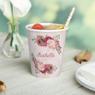 pink flowers green leaves paper cups