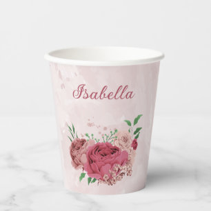 pink flowers green leaves paper cups